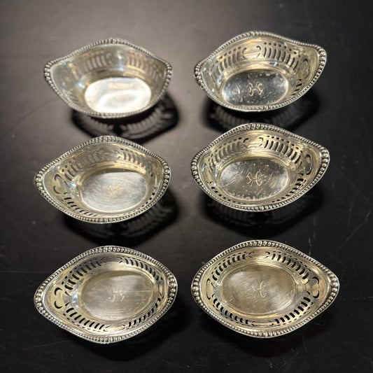 SET 6 Gorham Sterling Nut Dishes, monogram "H", 3.25" x 2.25" D x 1" H
