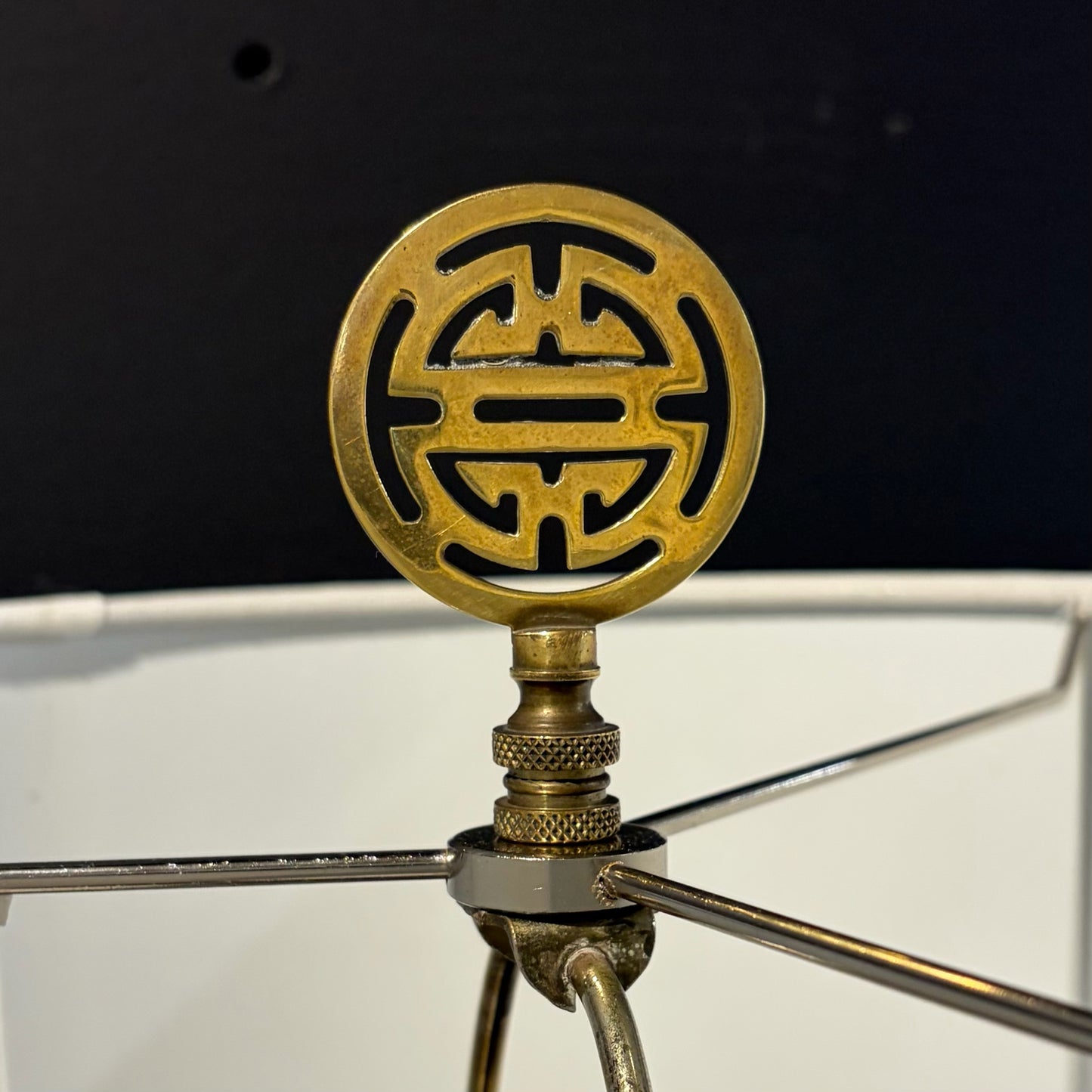 Pair of Vintage Chinoiserie Etched Brass Lamps, 26"H x 14"W x 14"D