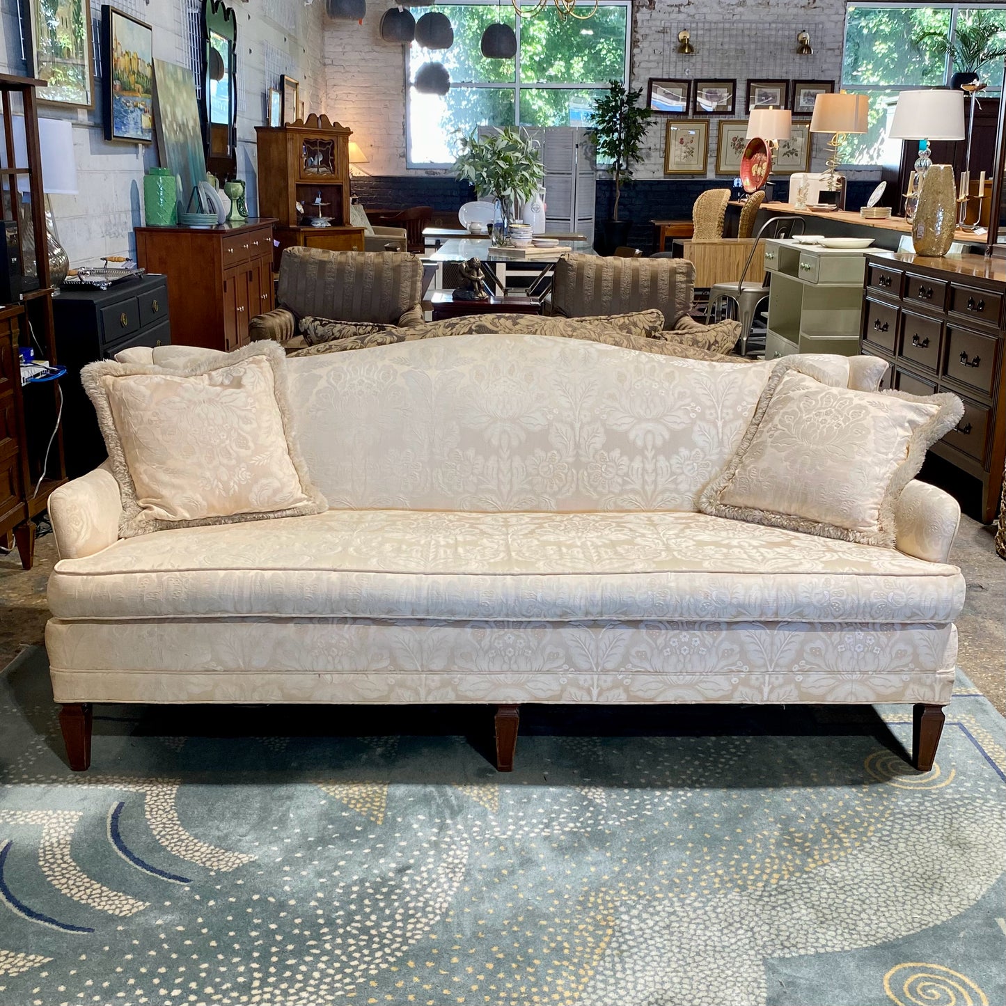 Vintage Camel Back Sofa, Light Peach & Cream Floral, 73.5" L x 33" D x 32" H