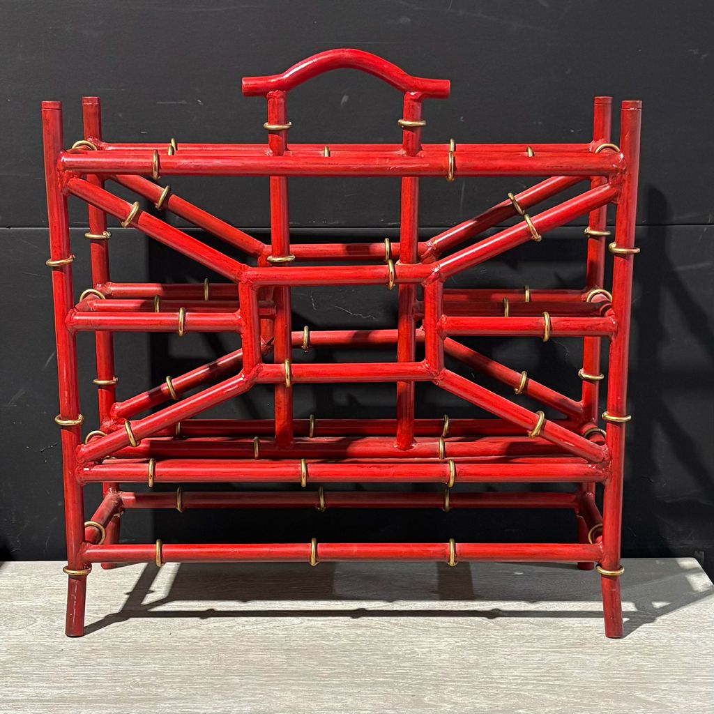 Faux Bamboo Red Metal Magazine Rack 17" L x 7" W x 18" H