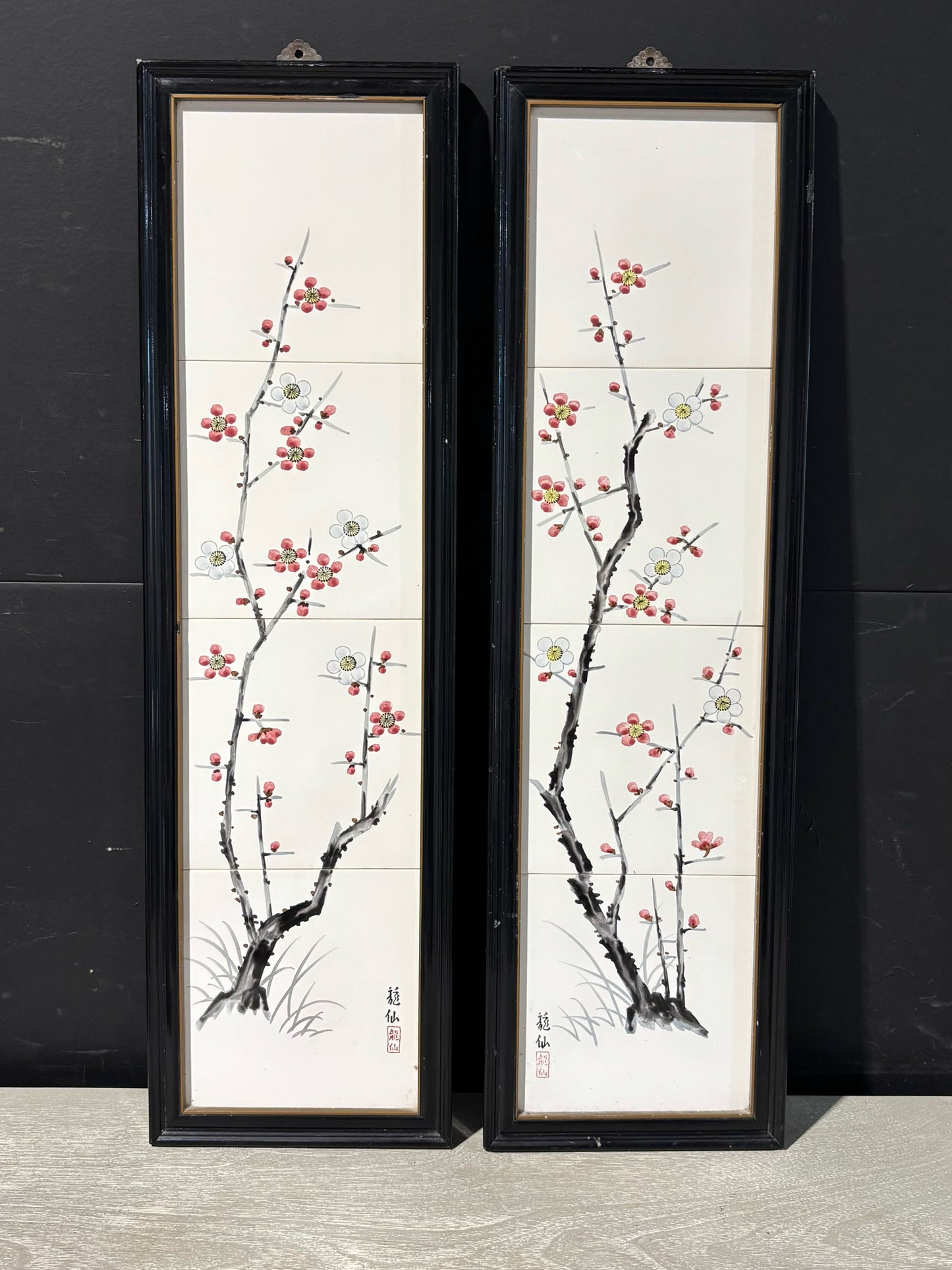 PAIR Japanese Hand-painted Floral Tiles 7.25" W x 1" D x 25.5" H