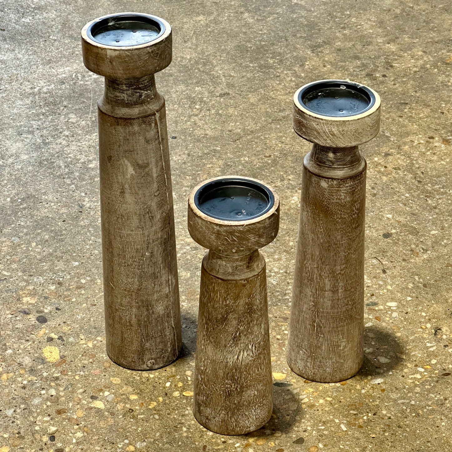 Set of 3 Mango Wood Pillar Candleholders, 4" Dia x 17.5" H, 14.5" H, & 12" H