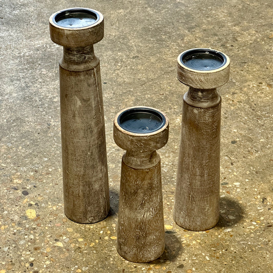 Set of 3 Mango Wood Pillar Candleholders, 4" Dia x 17.5" H, 14.5" H, & 12" H