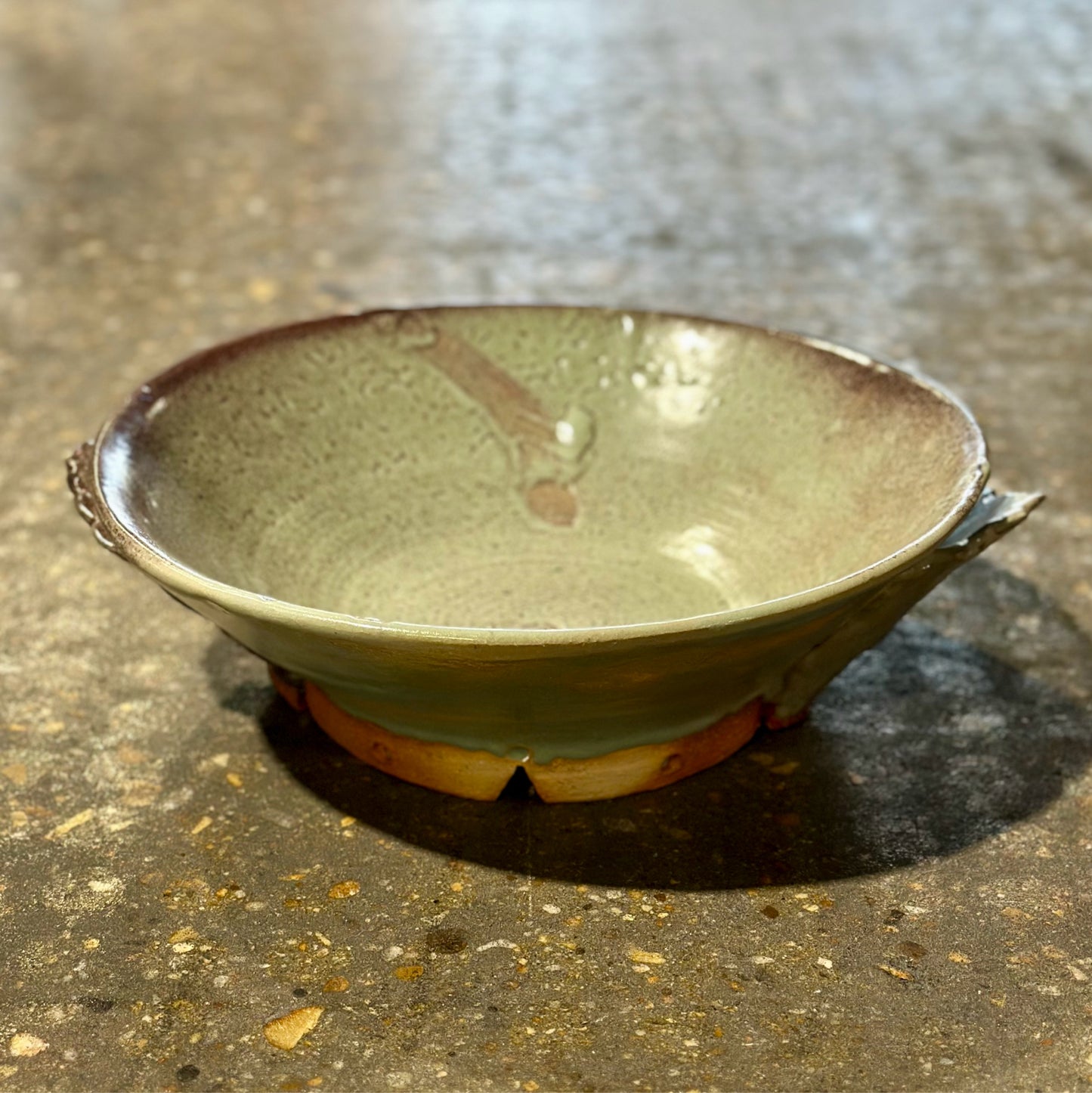 Signed Studio Pottery Decorative Bowl, Light Blue & Mulberry, 14" Dia x 4" H