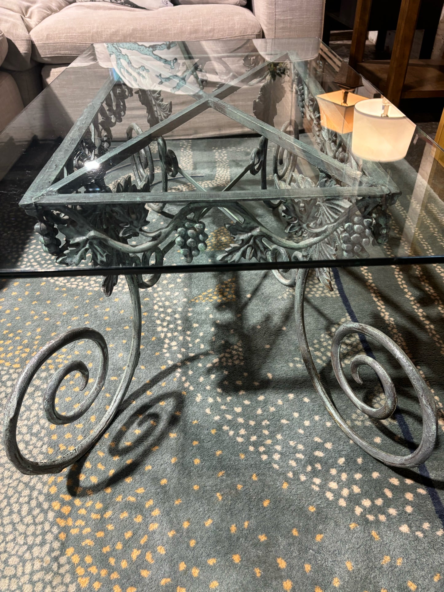 Wrought Iron Hand Forged Grape Motif Glass Coffee Table - 46Lx18 x 26.5W