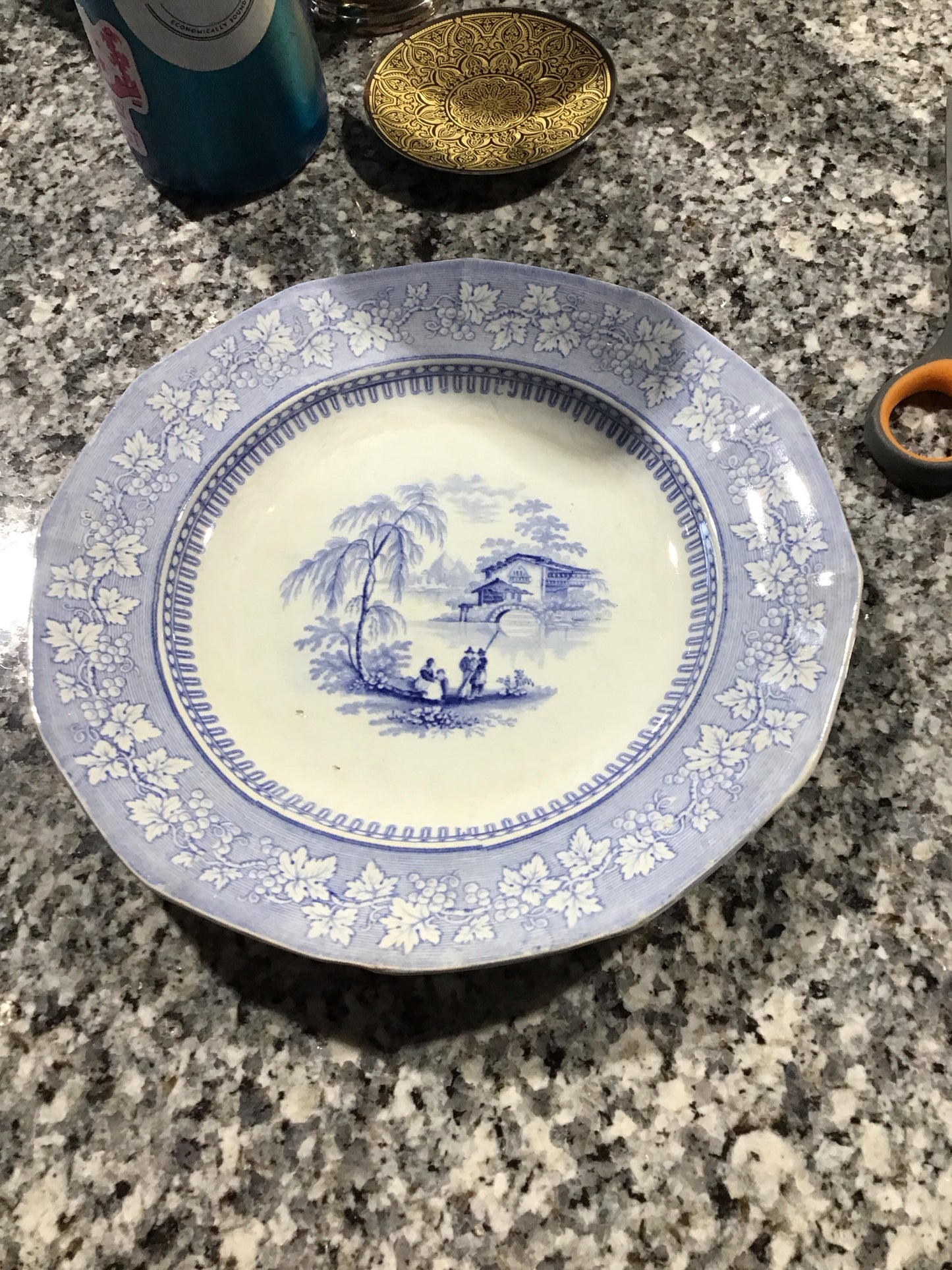 Vintage blue and white plate with Asian scene 9.5"