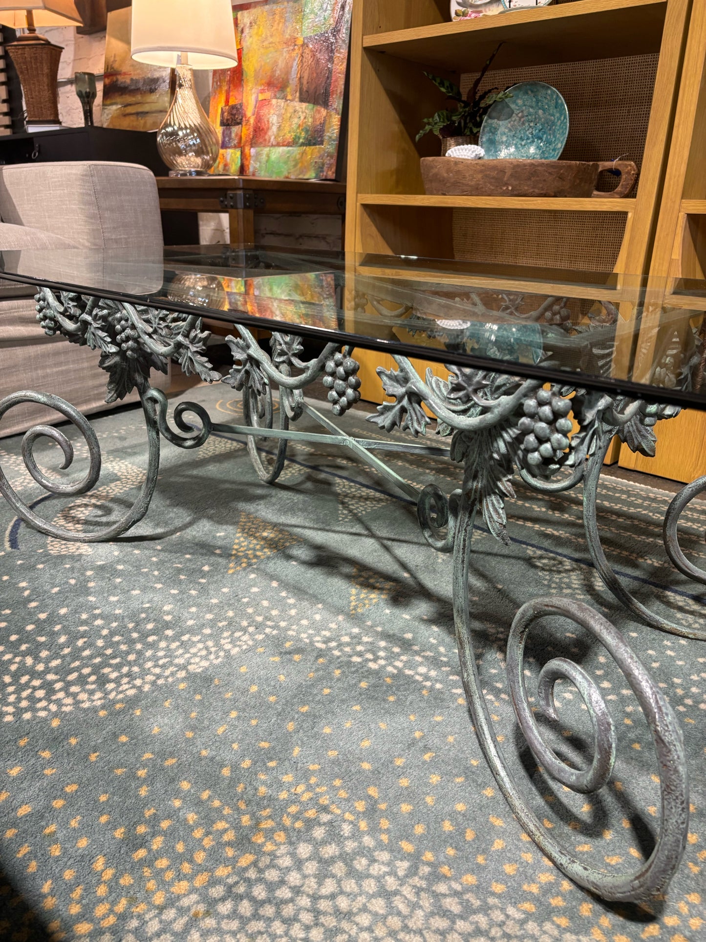 Wrought Iron Hand Forged Grape Motif Glass Coffee Table - 46Lx18 x 26.5W