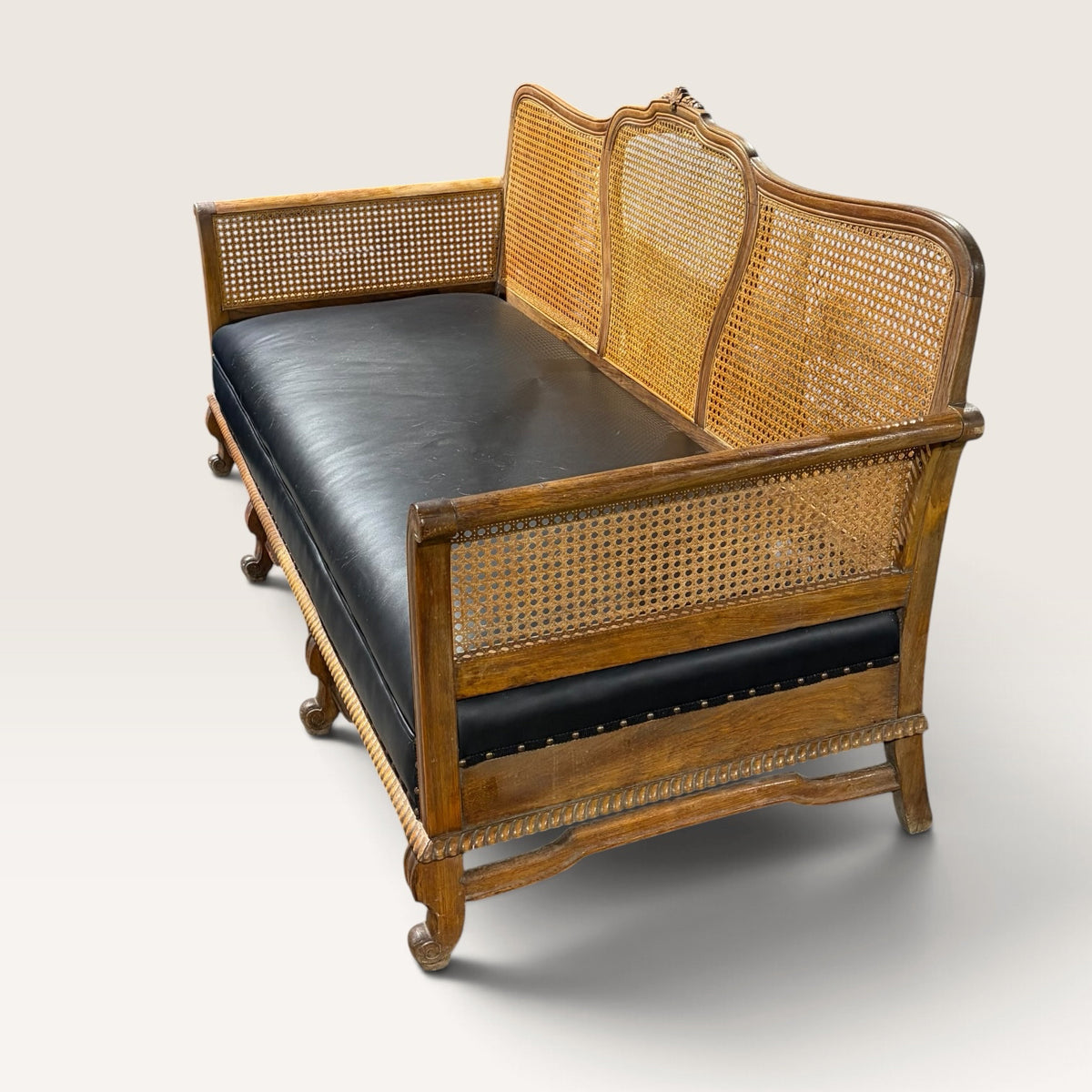 1930's Teak & Cane Sofa w/Black Leather Seat