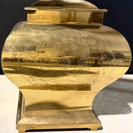 Pair of Vintage Chinoiserie Etched Brass Lamps, 26"H x 14"W x 14"D