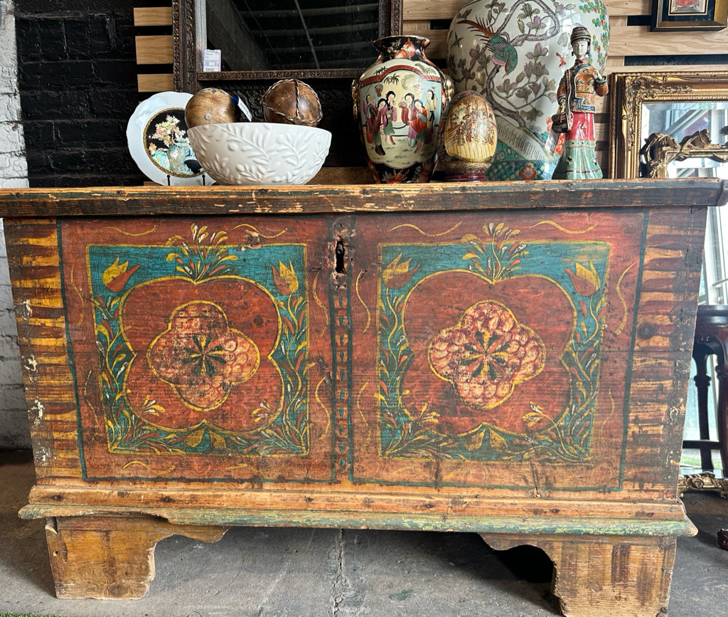 Antique Adams(?) trunk, original paint, hand wrought hardware
