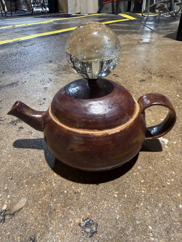 Studio pottery tea pot w/glass orb, 9"L x 6"W x 6.5"H