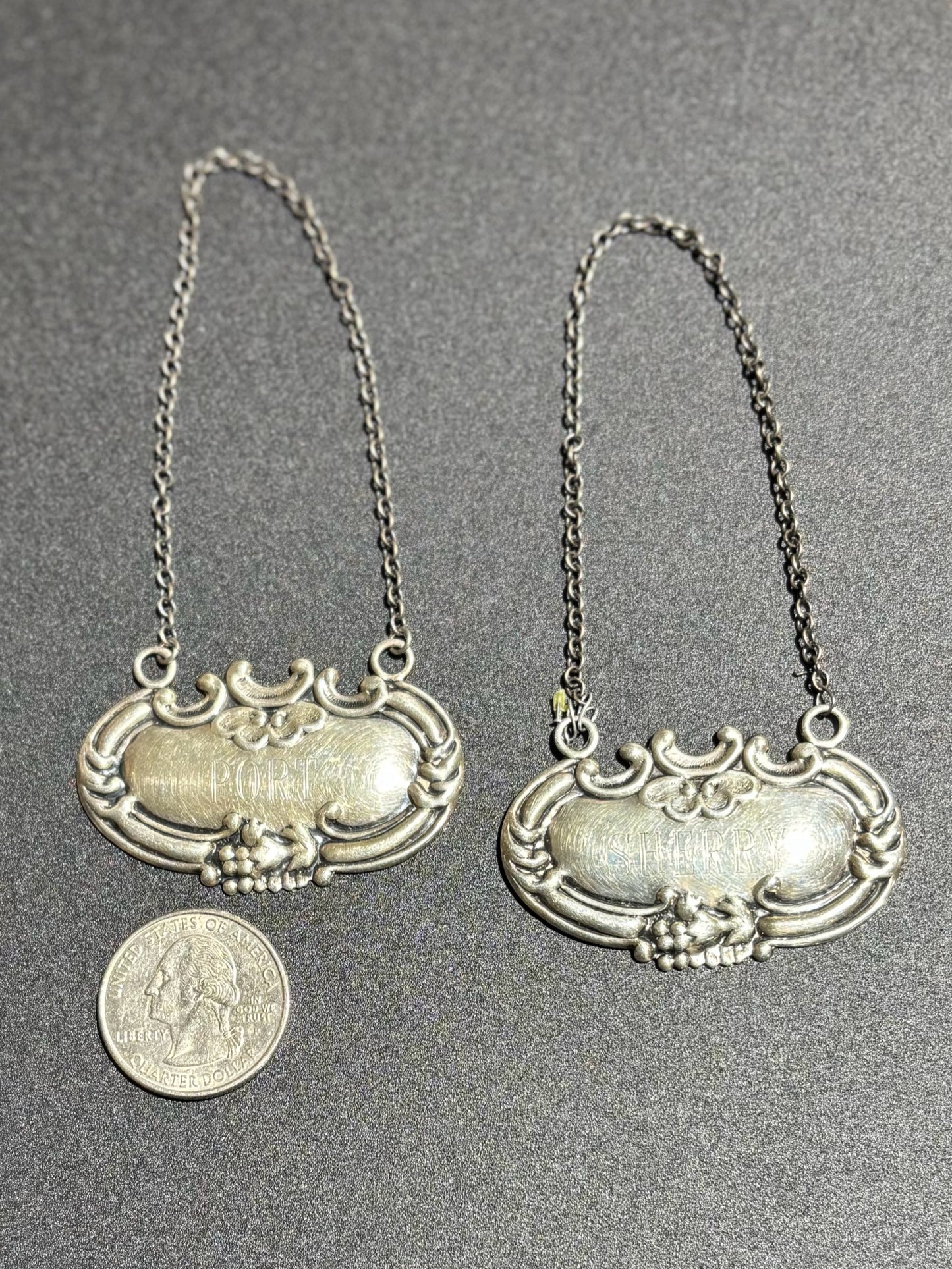 Wallace Sterling Decanter Labels, port & sherry 2" W x 1" H