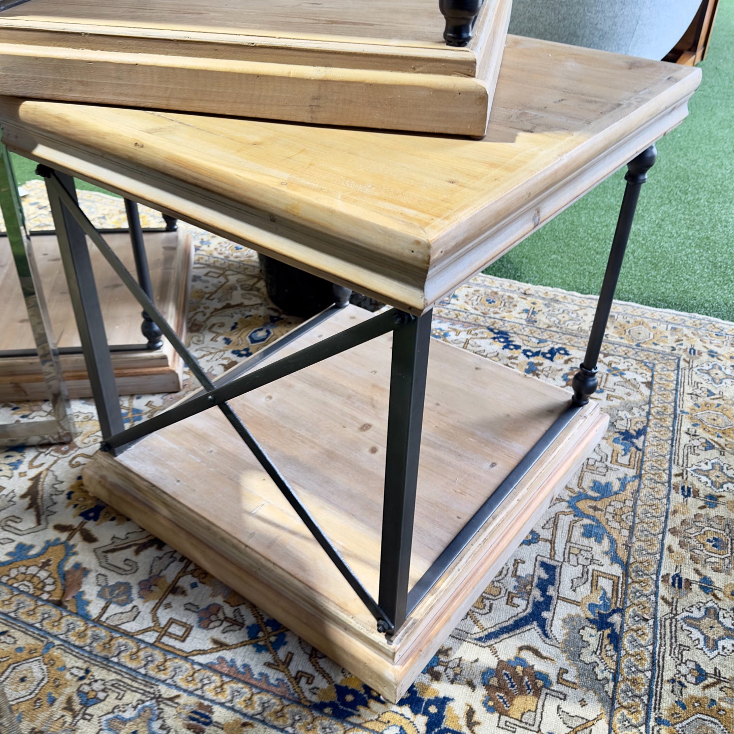 Rustic Wood & Metal Side Table, 25" L x 23" W x 24" H
