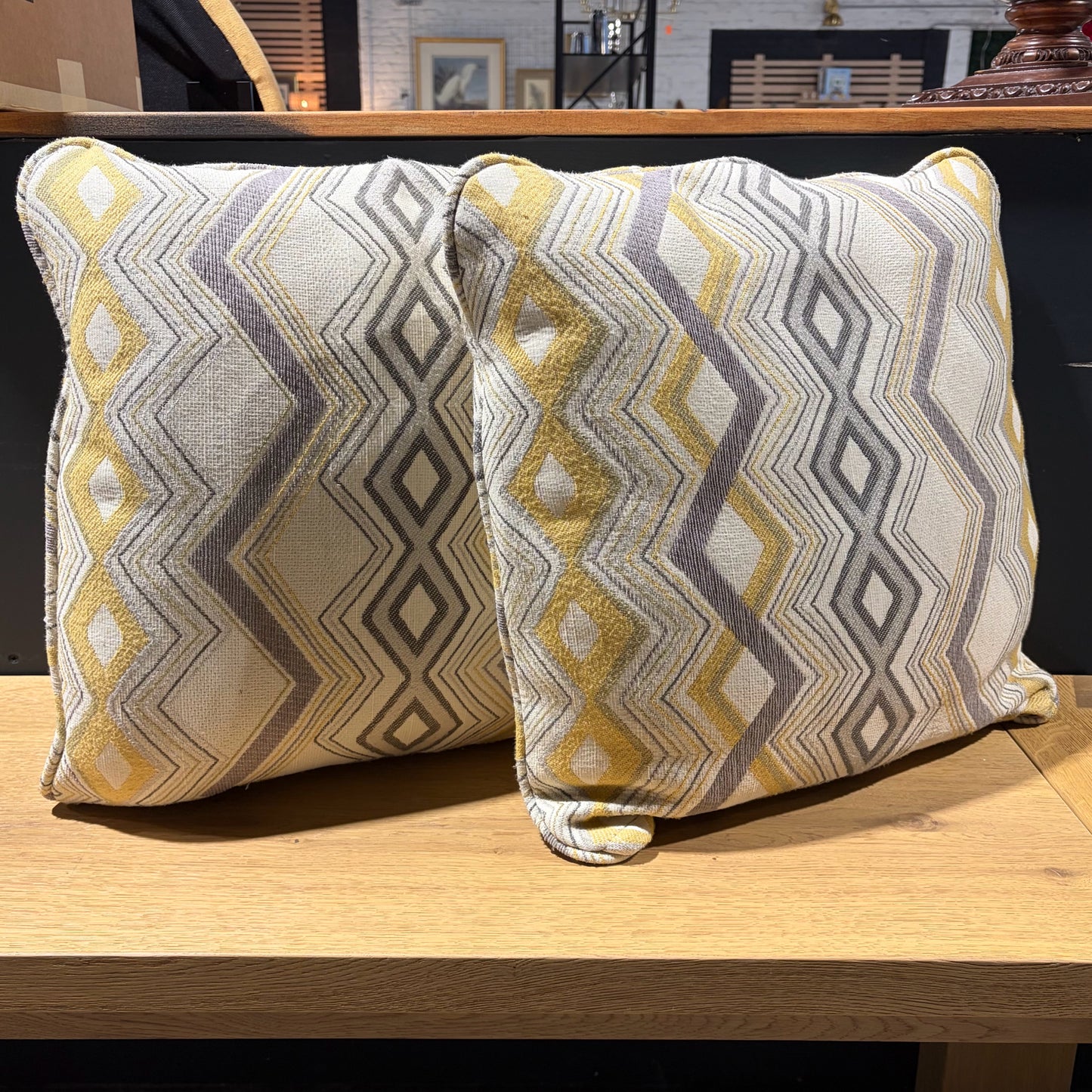 Pair of Pillows, Yellow and Gray, 19"Sq