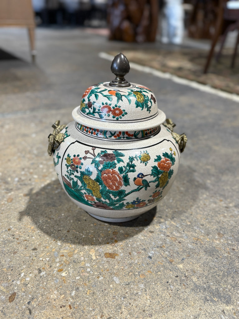 Vintage Japanese Kutani ginger jar w/brass handles,finial, 10"W x 10"D x 12.5"H