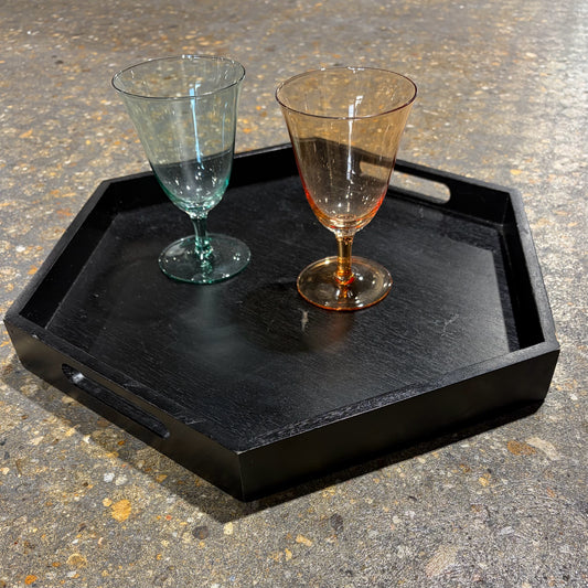 Black Haxagon Wood Tray, 17"W x 14.5"D x 1.75"H