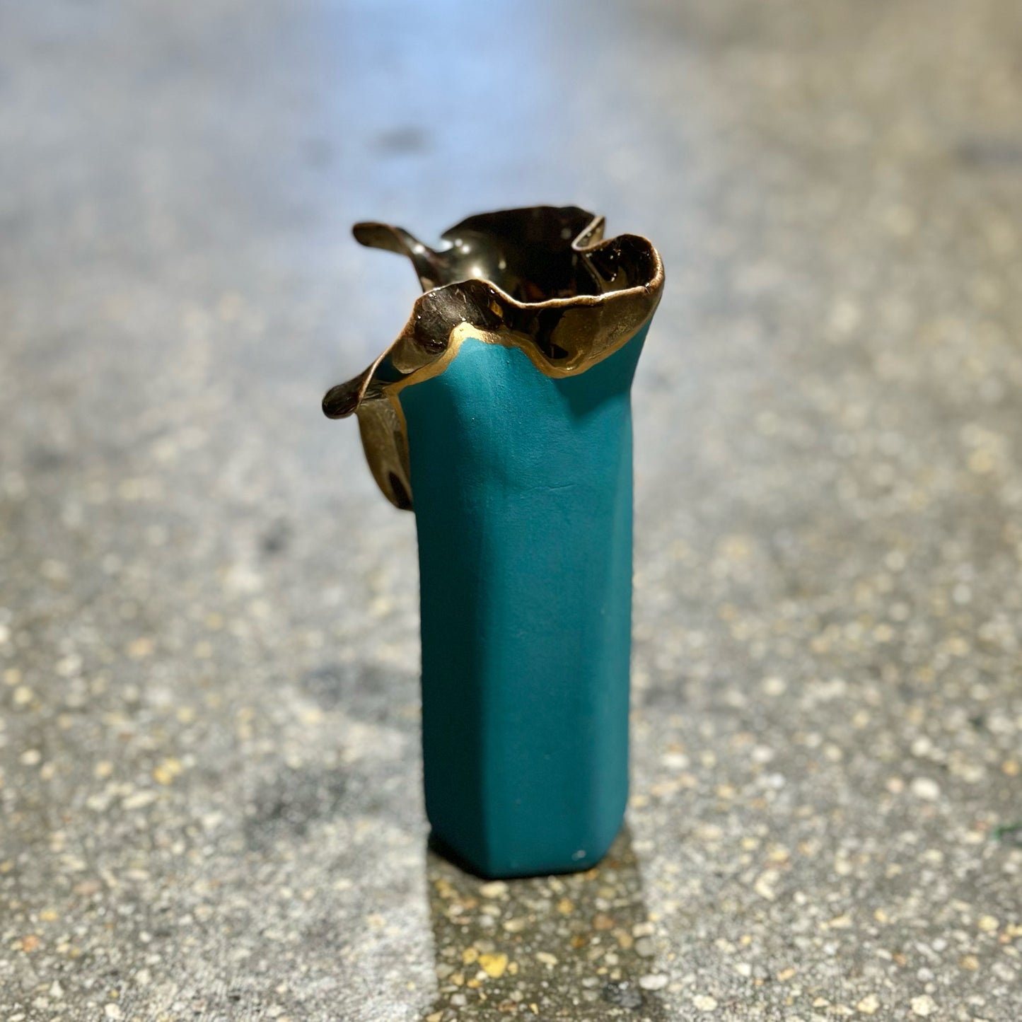 Abstract Teal & Gold Ceramic Bud Vase, 3.5" L x 3" W x 6" H