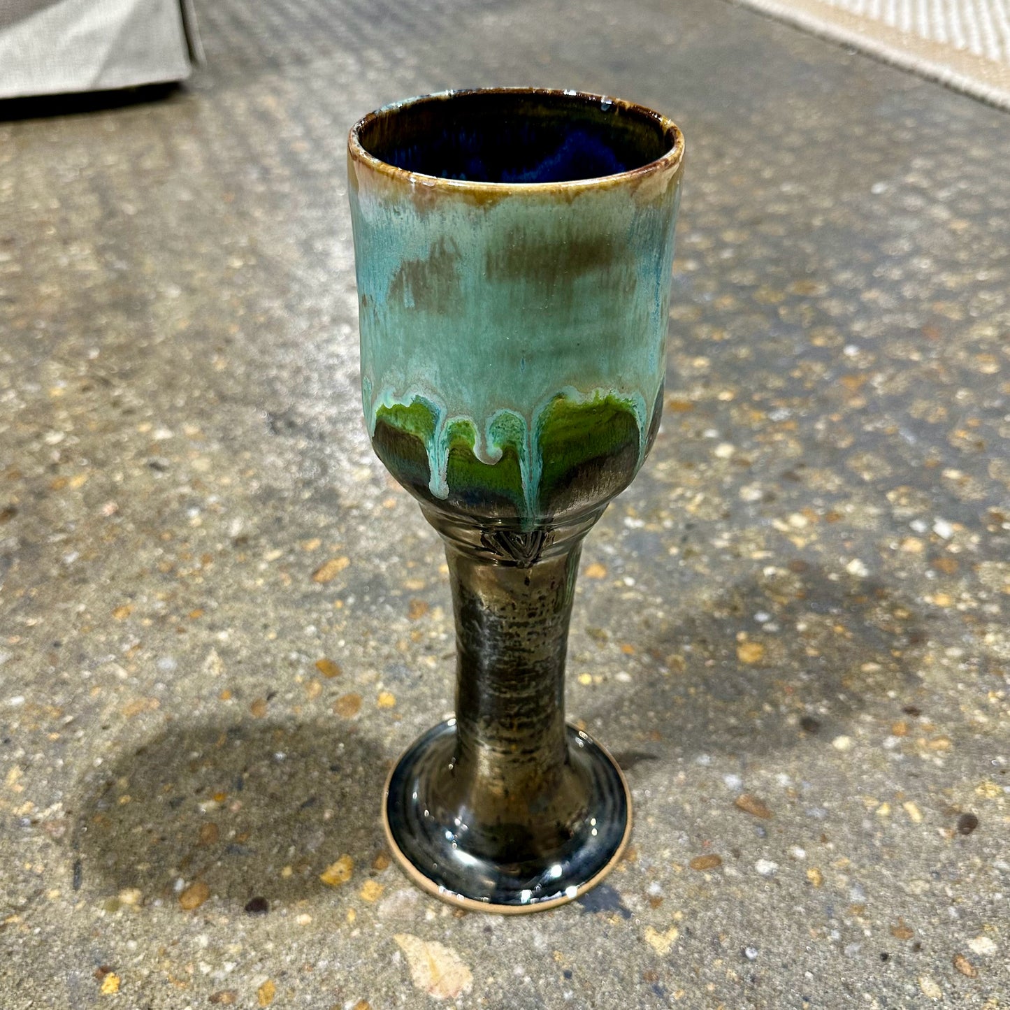 Decorative Chalice, Stamped Studio Art Pottery, Teal Metallic, 11" H x 4" W