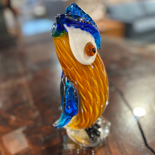 Glass Owl, brown, blue 4.5" W x 4" D x 8" H
