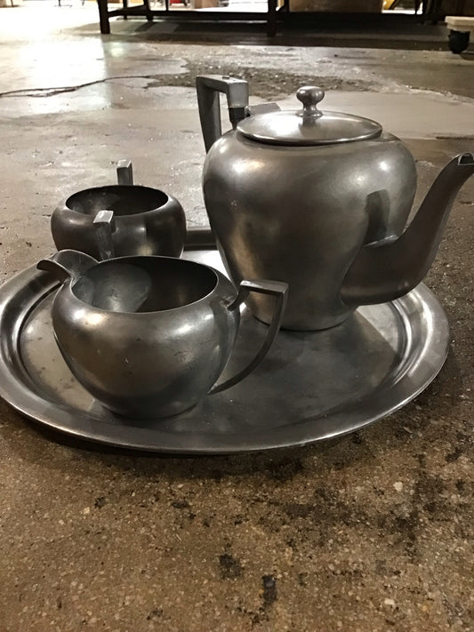 Vintage Pewter Tea Set 12" Diameter, Pot 6" H