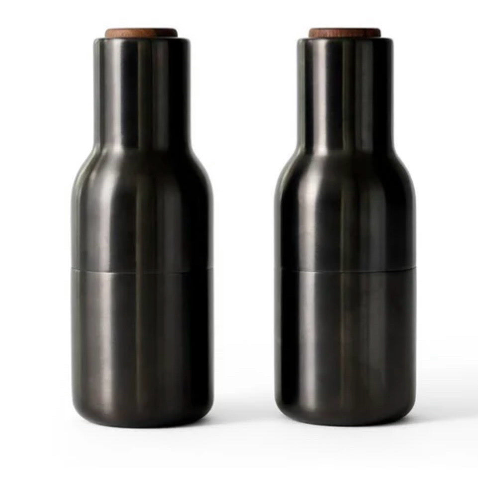 Audo Copenhagen Bottle Grinders Set of 2, Bronzed /BrasWalnut, 8"H x 3"W x 3"D
