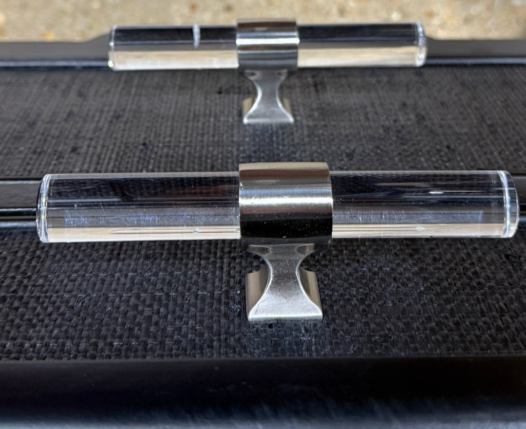 Chelsea House Georgian Lowboy, grasscloth/lucite pulls, 34.5"W x 20"D x 28.5"H