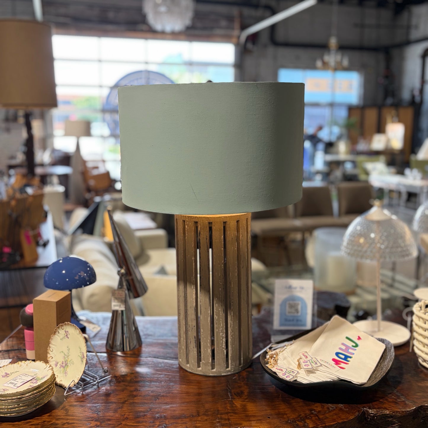 Coastal Weathered Table Lamp with Blue Shade, 28"H x 18"Dia