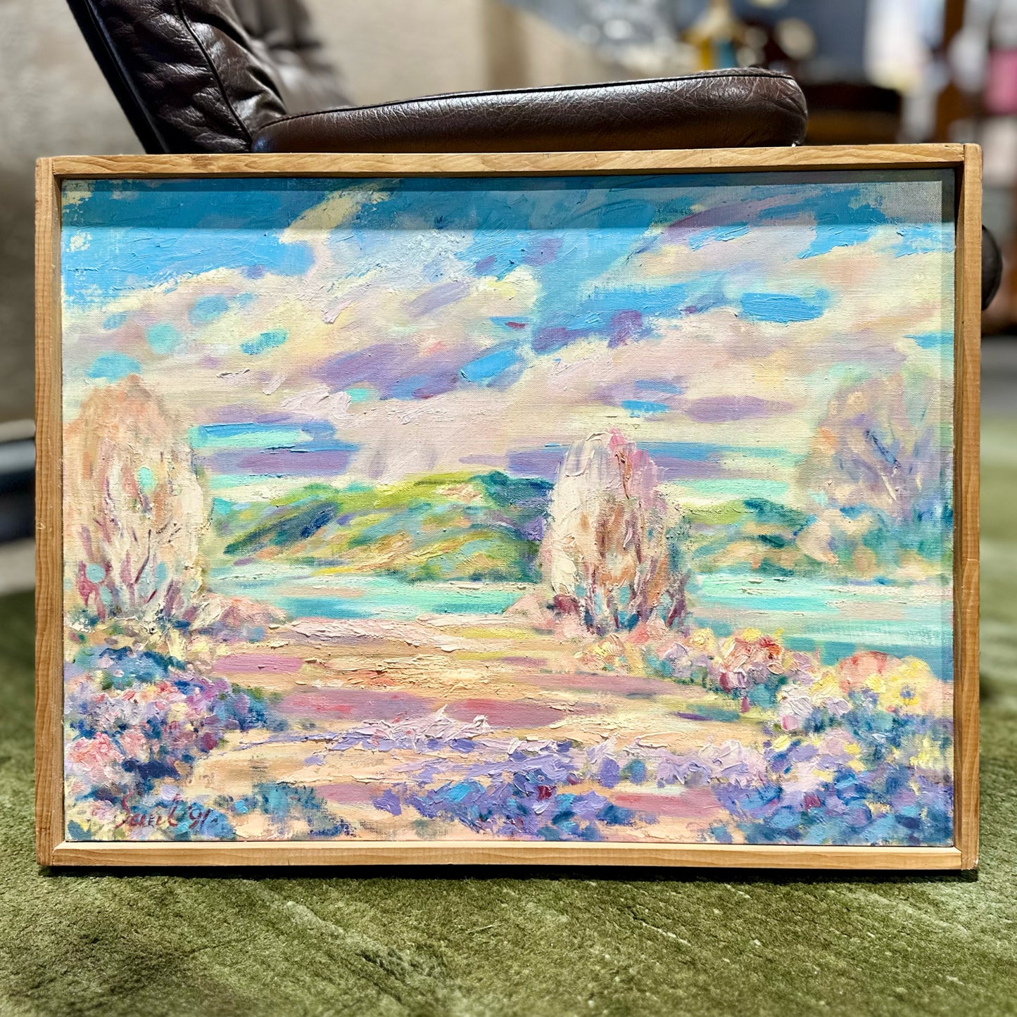 Vibrant Impressionist Style Landscape, Signed, 25" L x 1.5" W x 19" H
