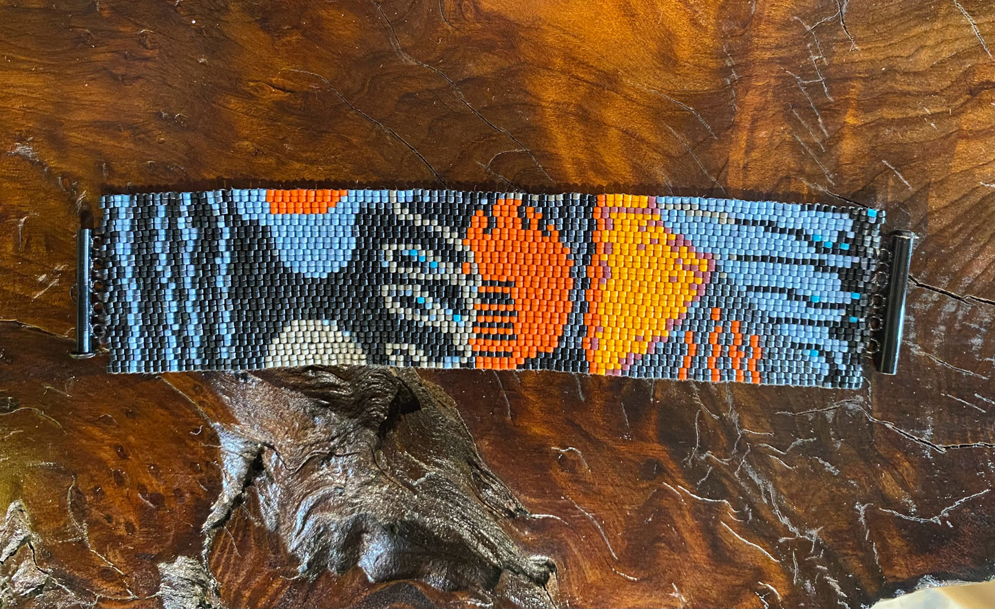 Peyote stitch bracelet, "Helen", black/green/orange, 1.65"W x 7"L