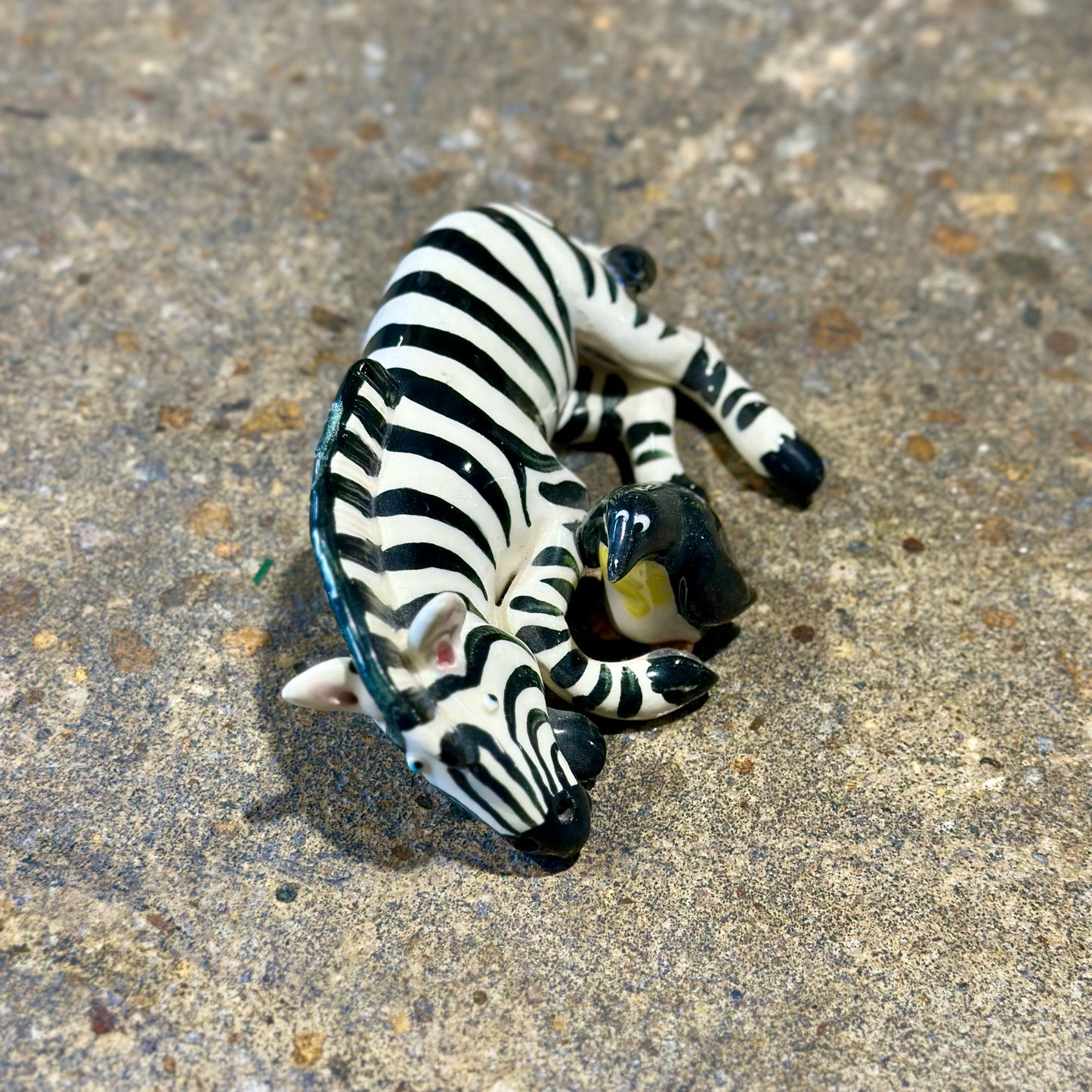 VTG Victoria Sexton Zebra & Penguin Figurine, Signed 1995, 5.5"L x 3.5"W x 2"H