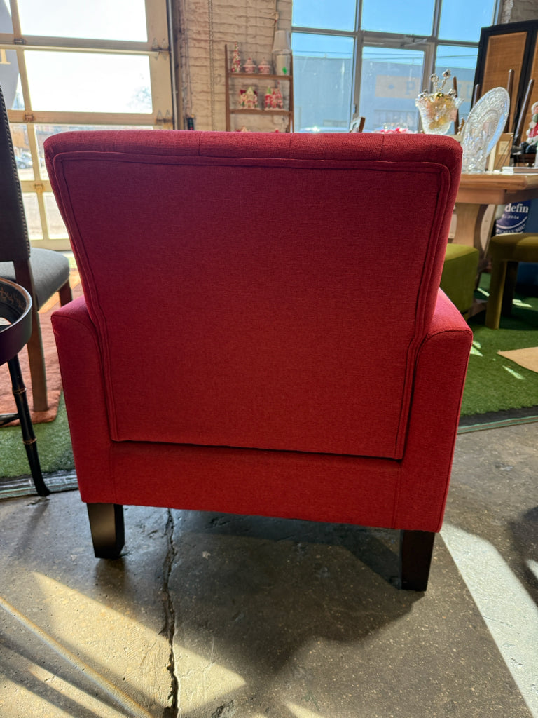 Button tufted red club chair, 29"W x 25"D x 33.5"H