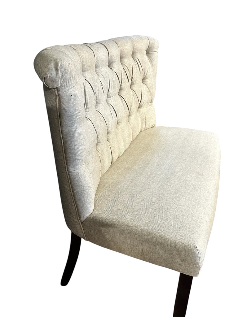 Tufted settee, tan twill, 46"W x 19"D x 38"H