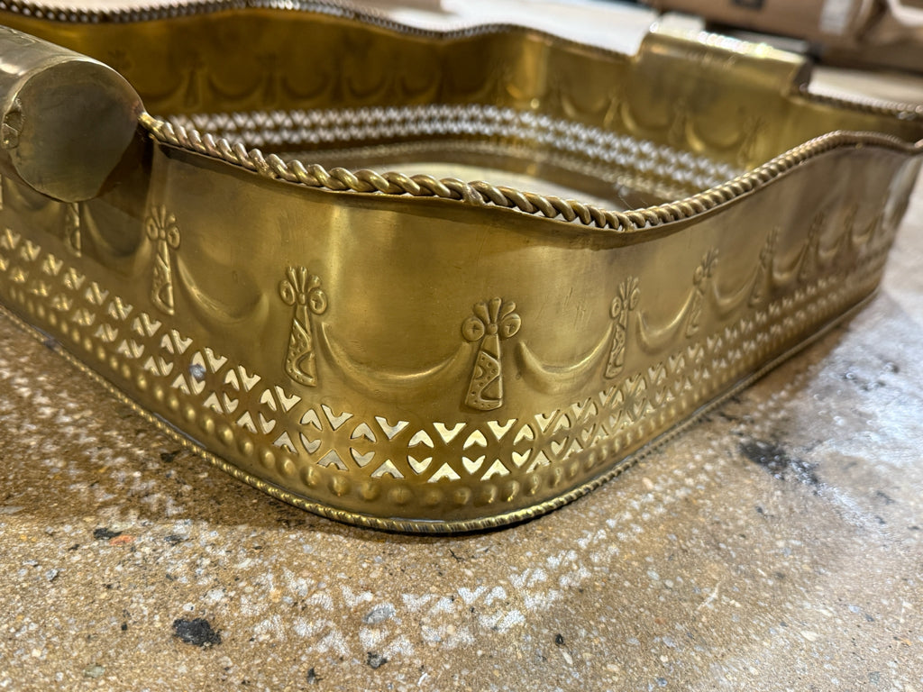 Antique brass tray deep gallery edge , pierced and etched, 24"L x 15.5"W x 4"H