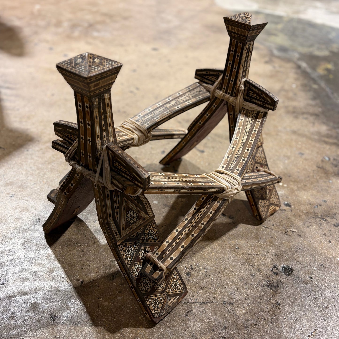 Moroccan-Style Inlaid Wood Stool with Cushioned Seat, 20"W x 16"D x 19.5"H