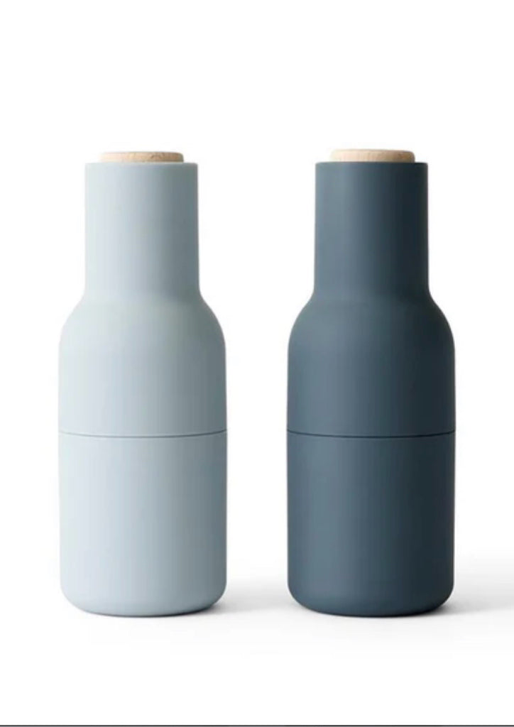 NIB AUDO salt & pepper grinders, blue/beech wood