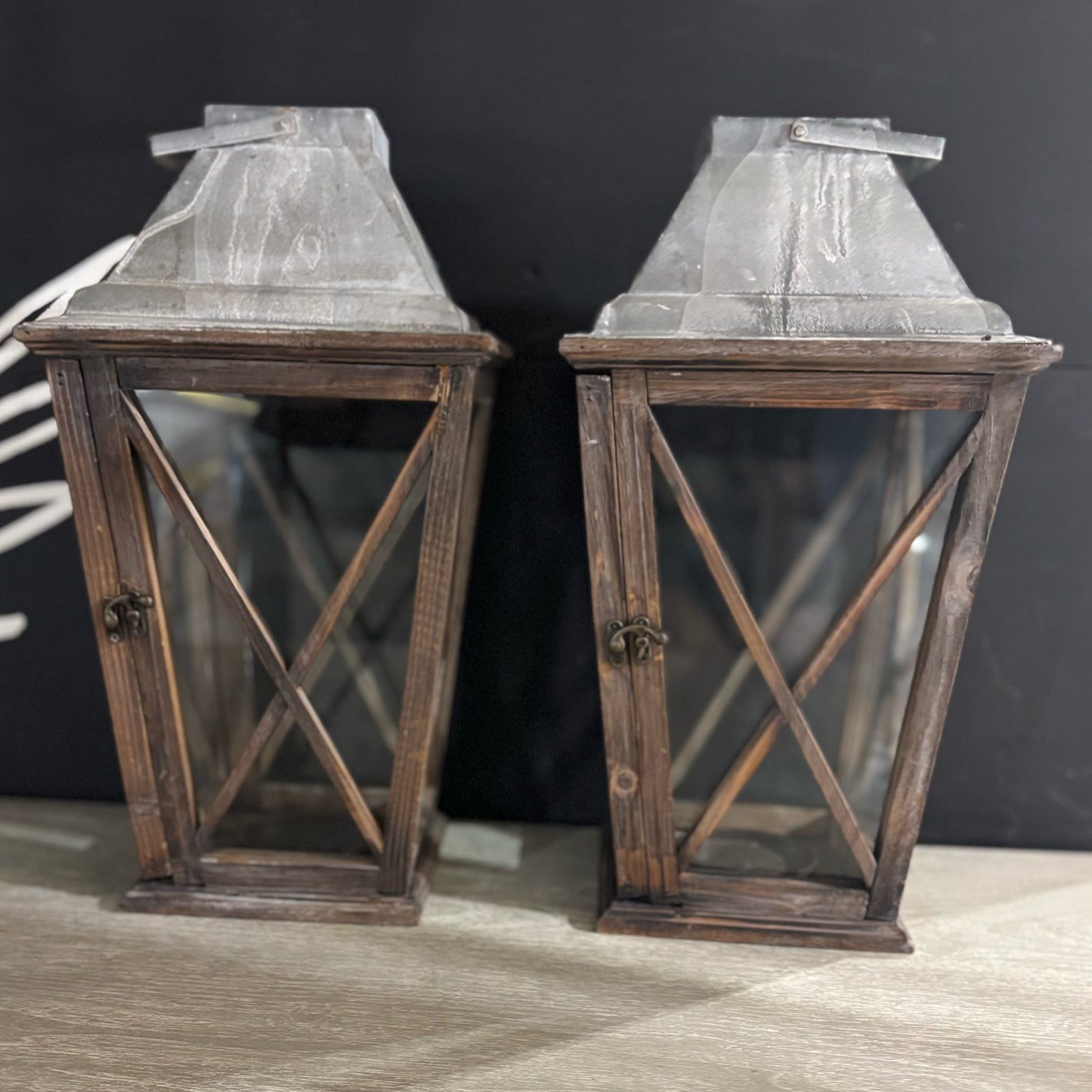 PAIR Metal & Wood Lanterns 9.75" W x 9.75" D x 18.5" H