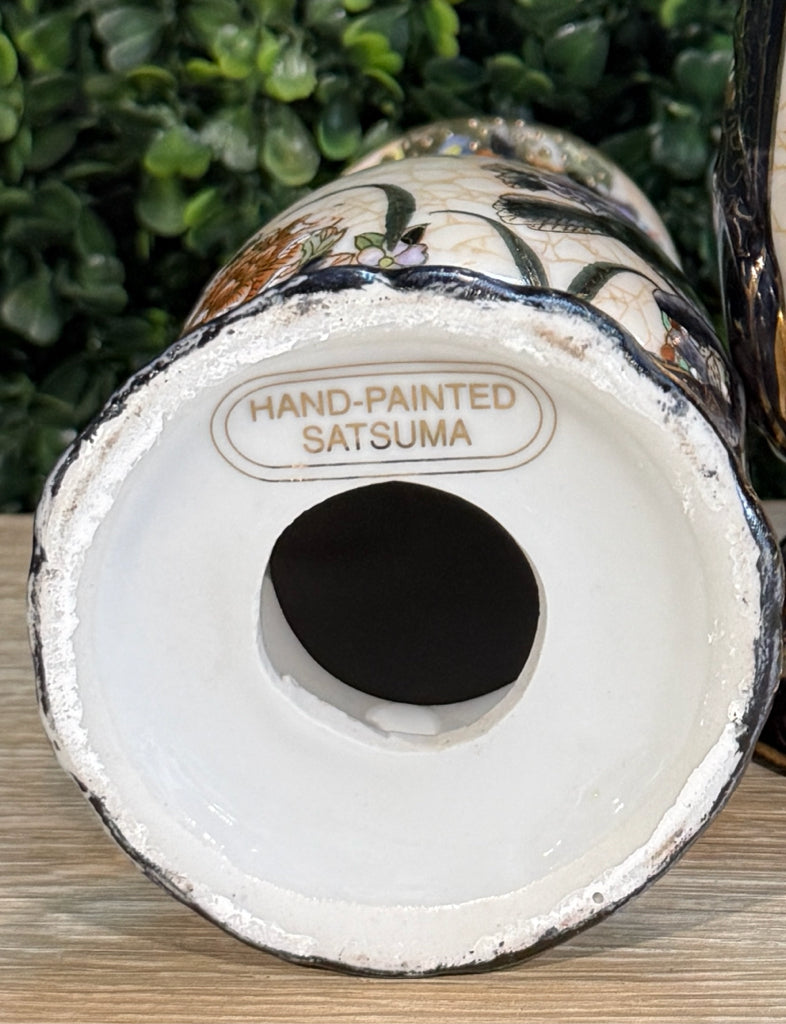 ANTQ Handpainted Satsuma hat pin holder, 3"W x 3"W x 6"H