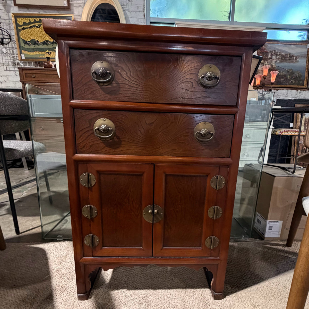 VTG Dark Wood Asian Style Cabinet 23"W x 12.5" D x 34" H