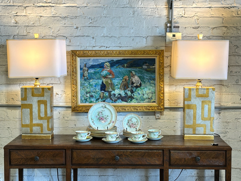 NEW PAIR of silver/gold geometric table lamps, 31"H x 8.75"W x 4.5"D