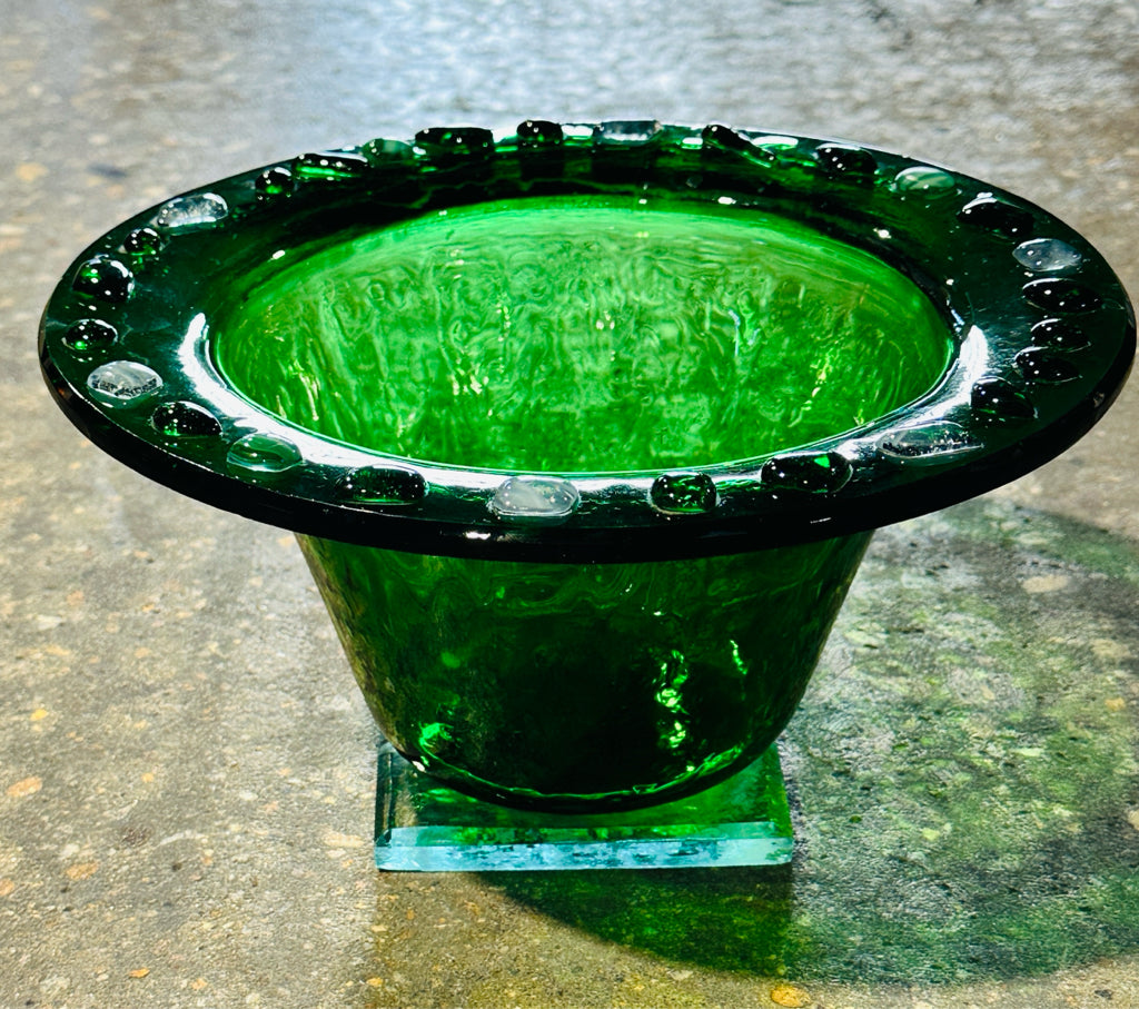 Green glass decorative bowl, signed, 11.5"W x 11.5"D x 6"H