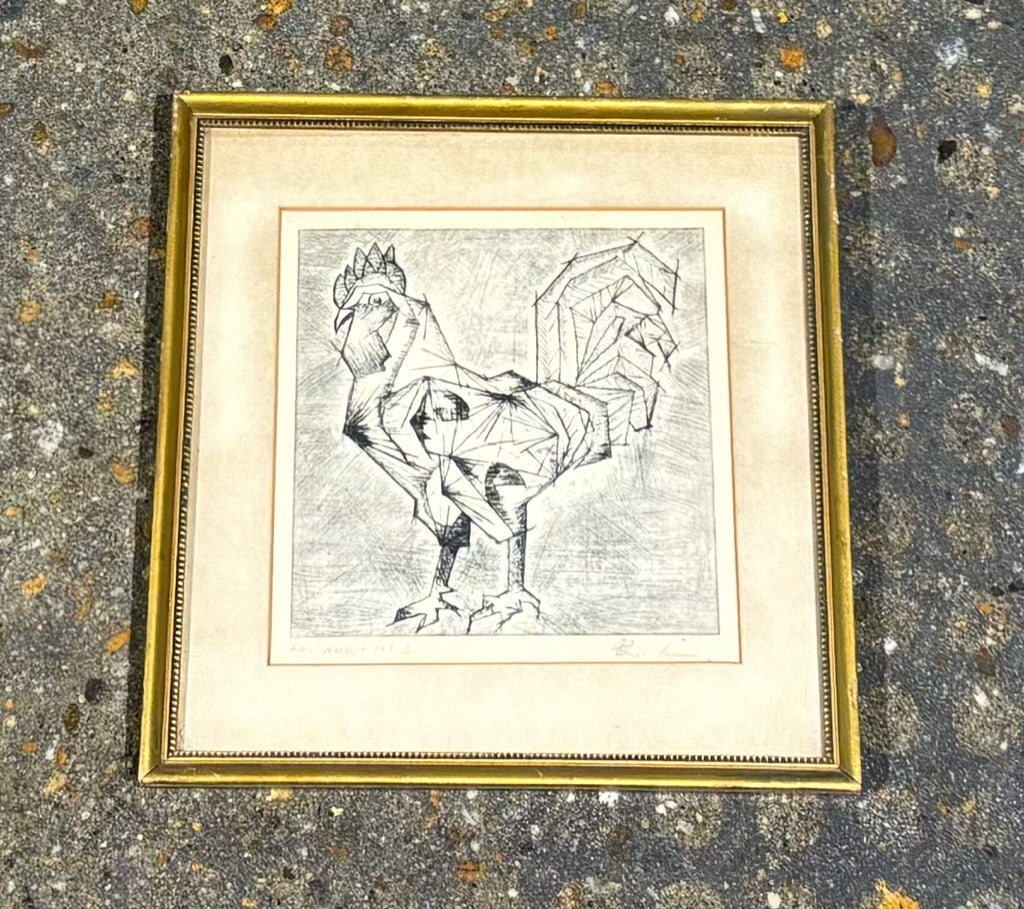 Vintage rooster charcoal/pencil art, signed, 10.5"W x 11"H x .5"D