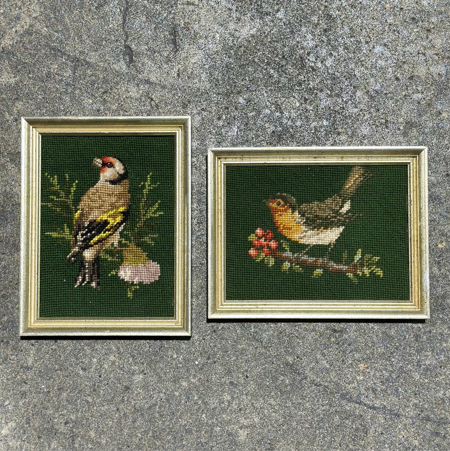 Set of Gold Framed Bird Needlepoint Pictures, Green, 9" x 7"