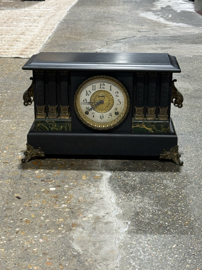 Antique Ingraham Co. mantel clock w/key, blk/grn/bronze, 16"L x 6"D x 10.5"H