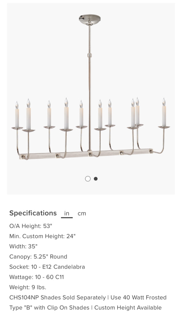 Visual Comfort linear chandelier, polished nickel, 35"W