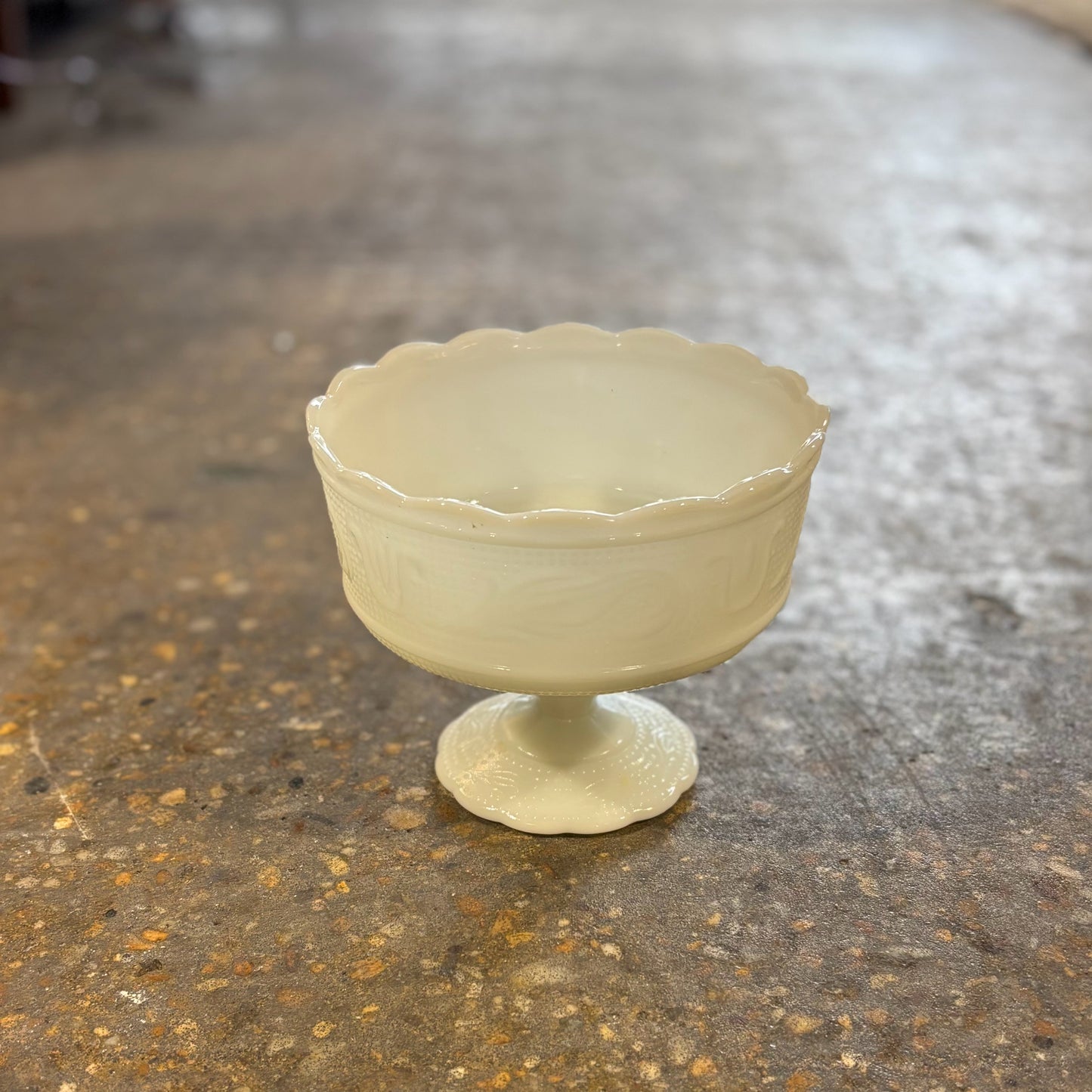 E.O Brody & Co. milk glass compote/candy dish, 7"H x 5.5"W x 5.5"D
