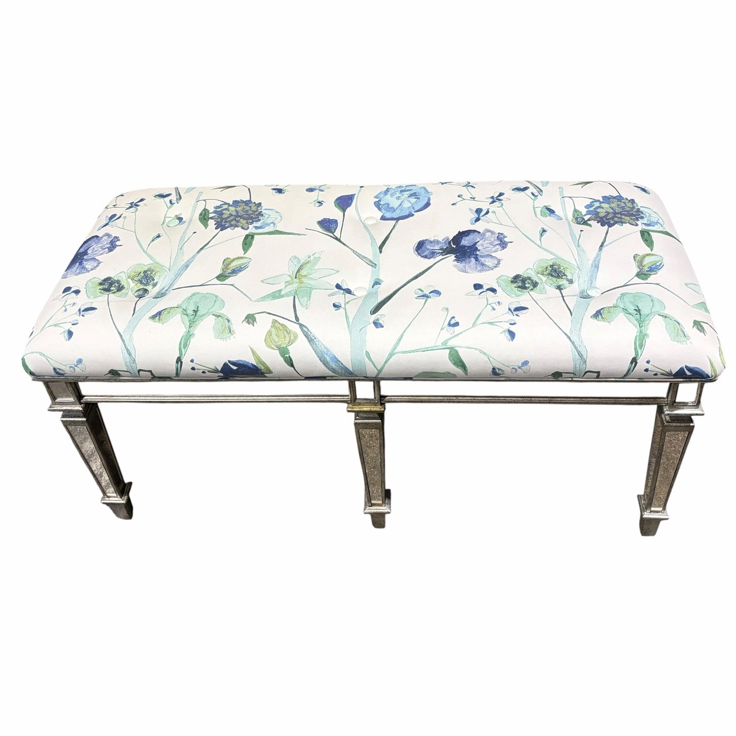 Celeste Mirrored Bench w/ Tufted Cushion, Watercolor Floral, 43"W x 19"D x 21"H