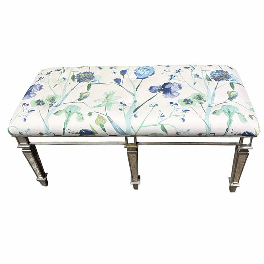 Celeste Mirrored Bench w/ Tufted Cushion, Watercolor Floral, 43"W x 19"D x 21"H