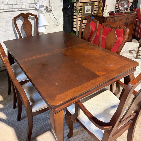 Vintage Wood Dining Table W/Leaf & 6 Chairs, 42"W x 62"/80"Leaf, 30.25"H