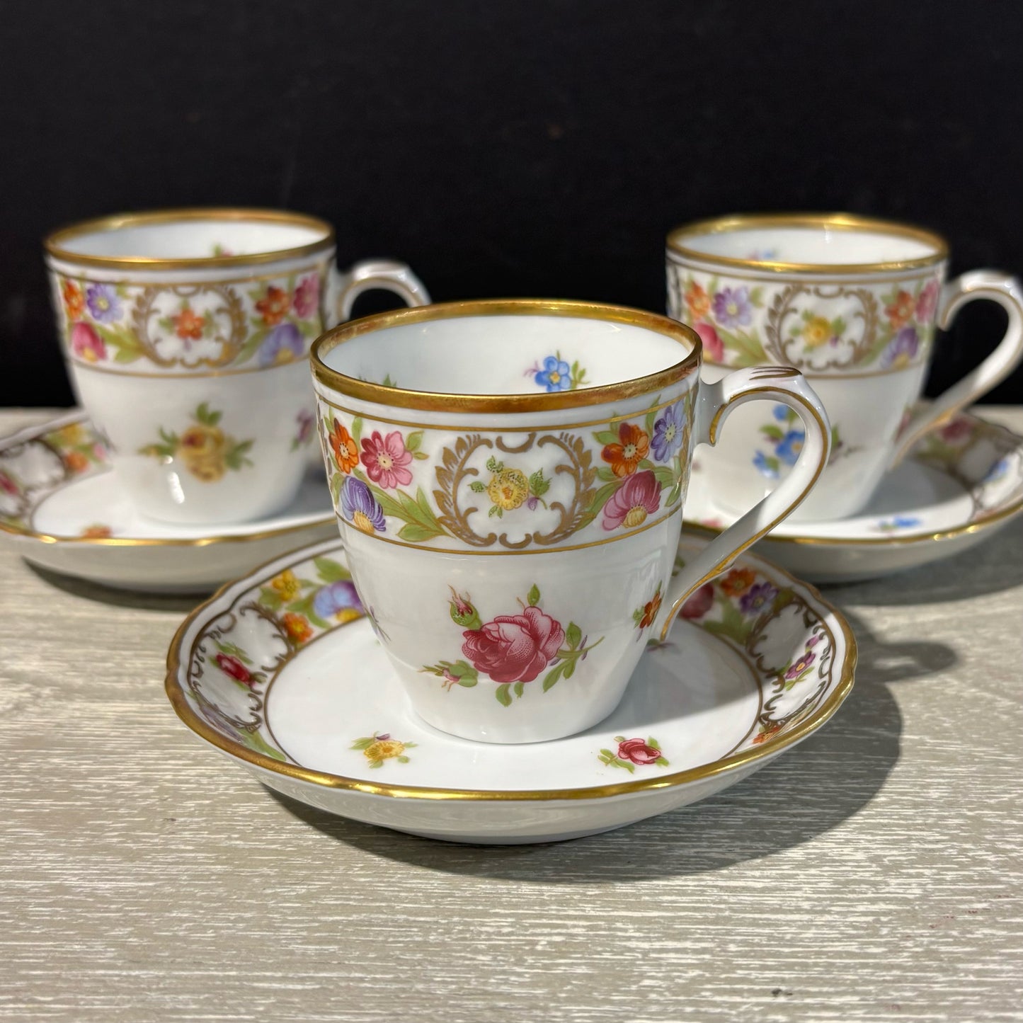SET 3 Schumann Dresden Empress Rose Demitasse Cups/Saucers 4.25" D x 3" H