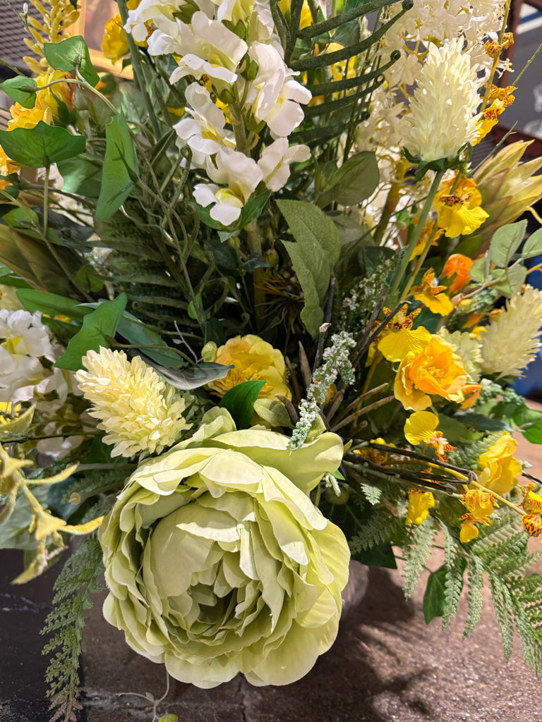 Faux floral arrangement, green/yellow, 36"H